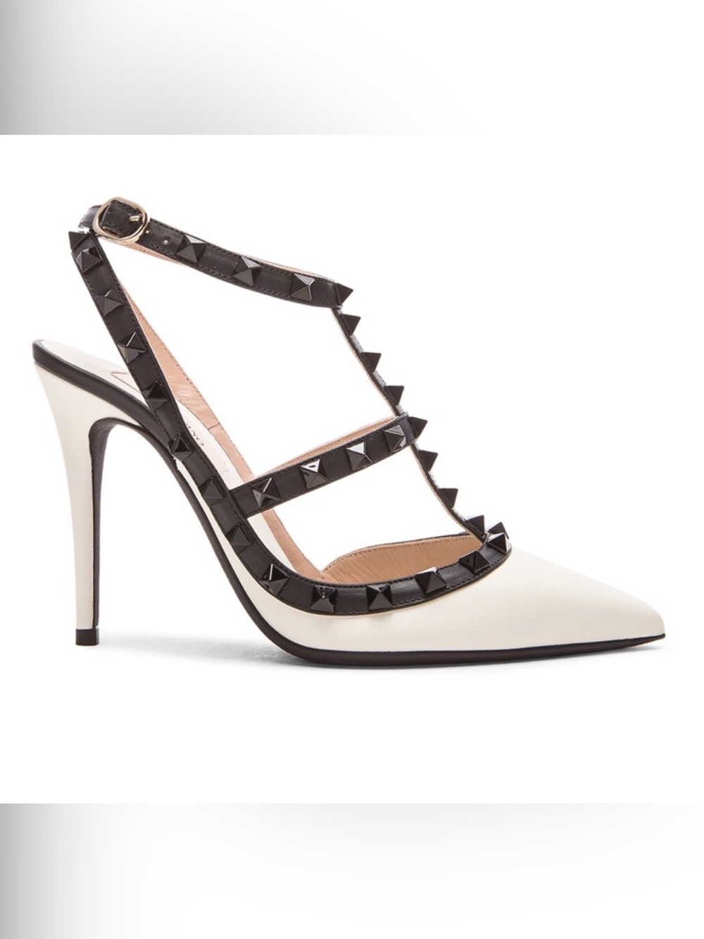 Valentino Garavani cream Leather T-Strap Pumps Black Stud heels 6.5 36.5